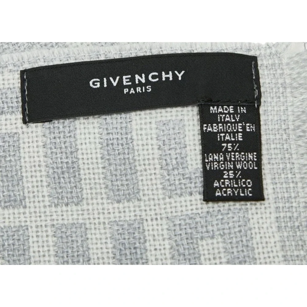 Givenchy Scarf Light Grey White Monogram Virgin Wool Blend Fringe Made in Italy